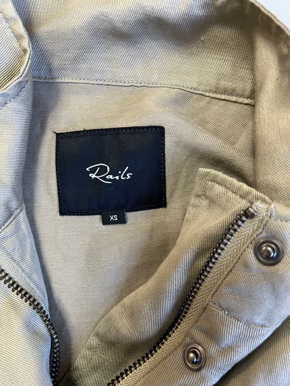 Rails Trey Light Sage Arrow Patch Military Zipper Jacket Tencel Linen Blend XS
